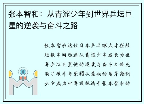张本智和：从青涩少年到世界乒坛巨星的逆袭与奋斗之路